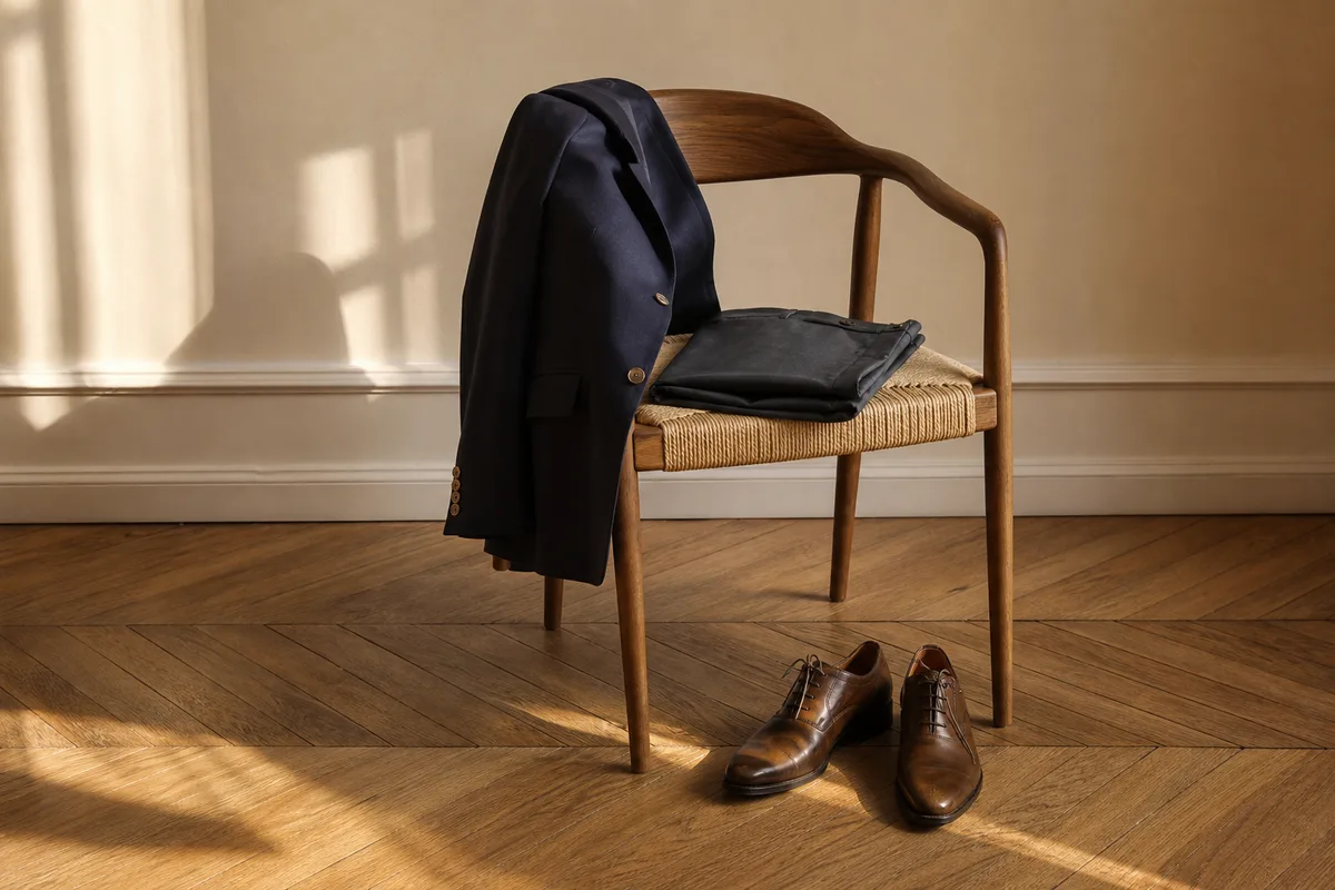 Blazer marine posé sur un dossier de chaise, pantalon plié et chaussures cuir sur un parquet