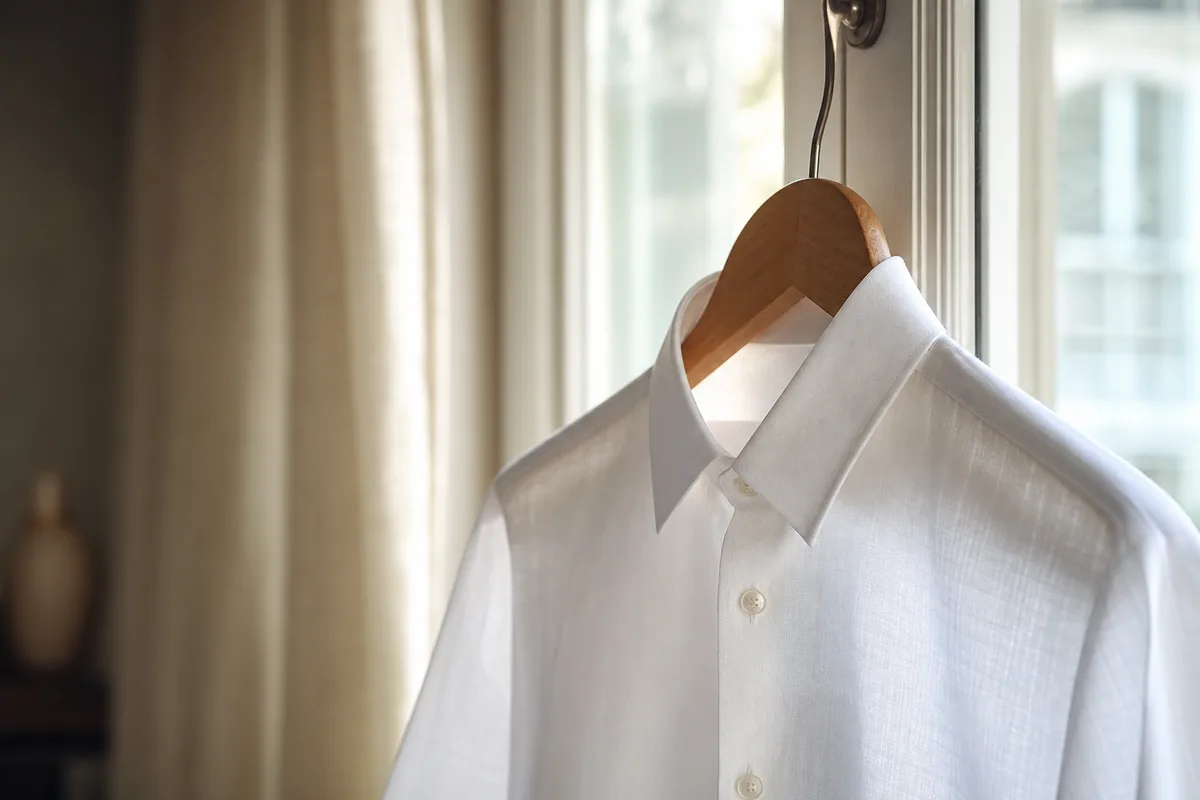 Chemise blanche repassée sur cintre en bois près d’une fenêtre lumineuse