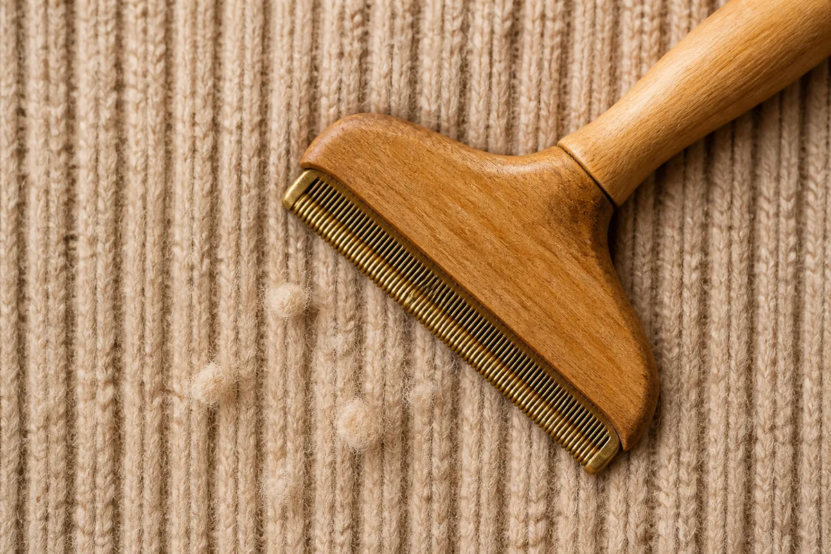 Gros plan sur une maille de laine côtelée beige avec un peigne à bouloches posé dessus