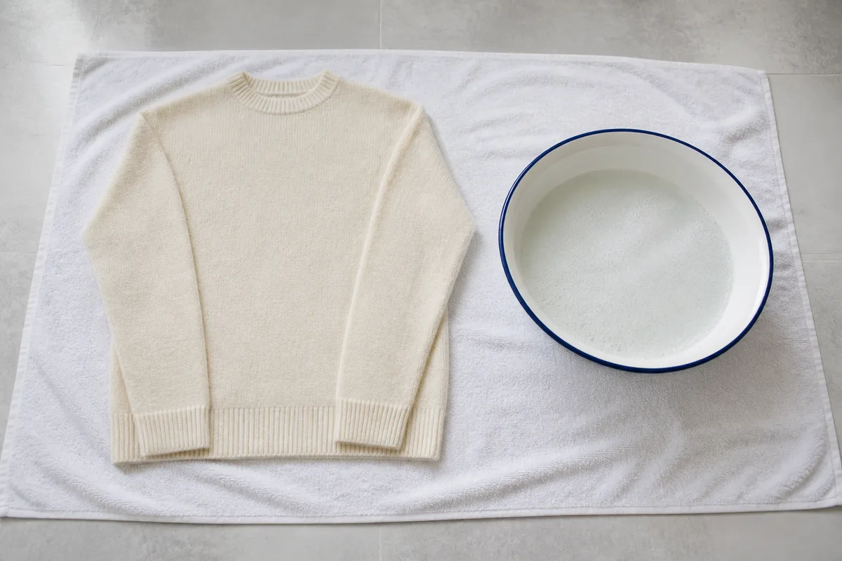 Un pull en laine crème posé à plat sur une serviette blanche près d’une bassine émaillée