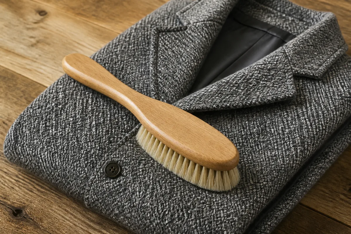 Brosse à vêtements en bois posée sur une veste en laine grise pliée