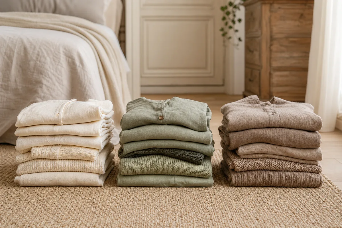 Trois piles de vêtements pliés triés par catégorie sur un tapis