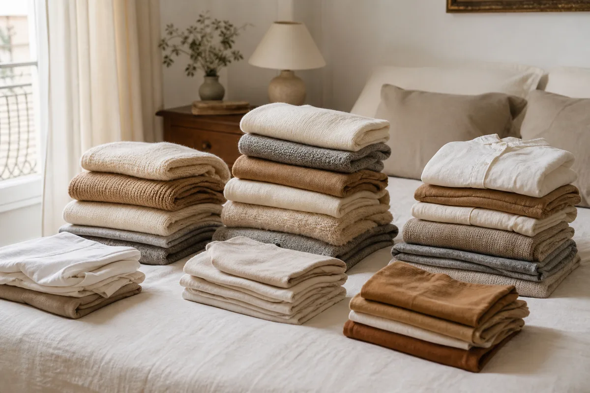 Piles de vêtements pliés sur un lit avant le tri complet du dressing