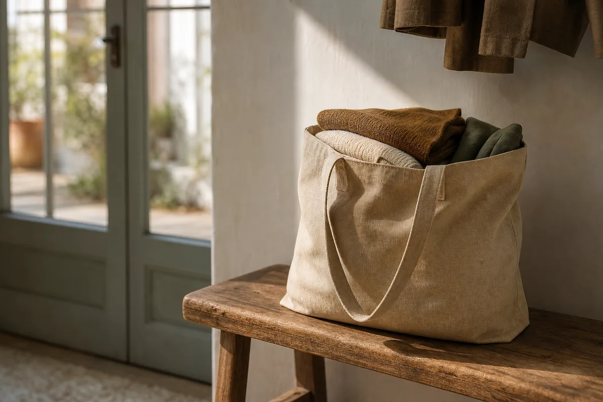 Sac en toile rempli de vêtements pliés prêts pour le don