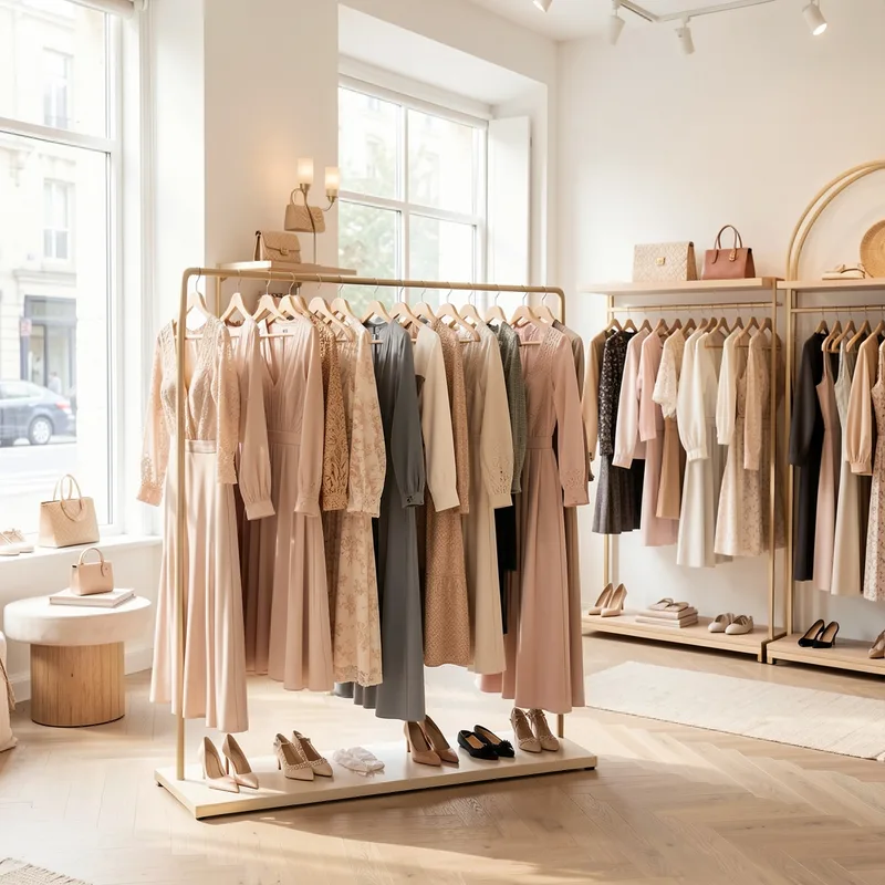 Garde-robe féminine soignée avec blazer, chemise blanche et accessoires posés sur un fauteuil clair